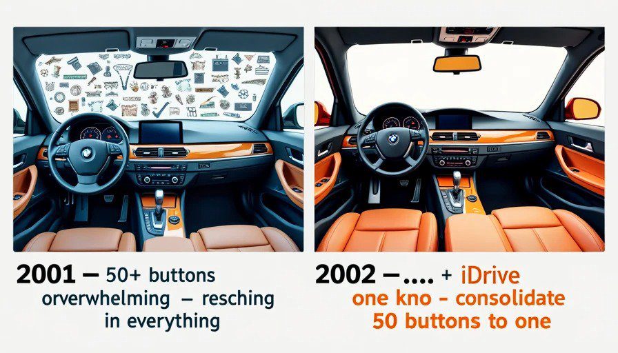 Split illustration – 2001 crowded dashboard with 50 buttons vs. 2002 iDrive with single rotary knob and high screen