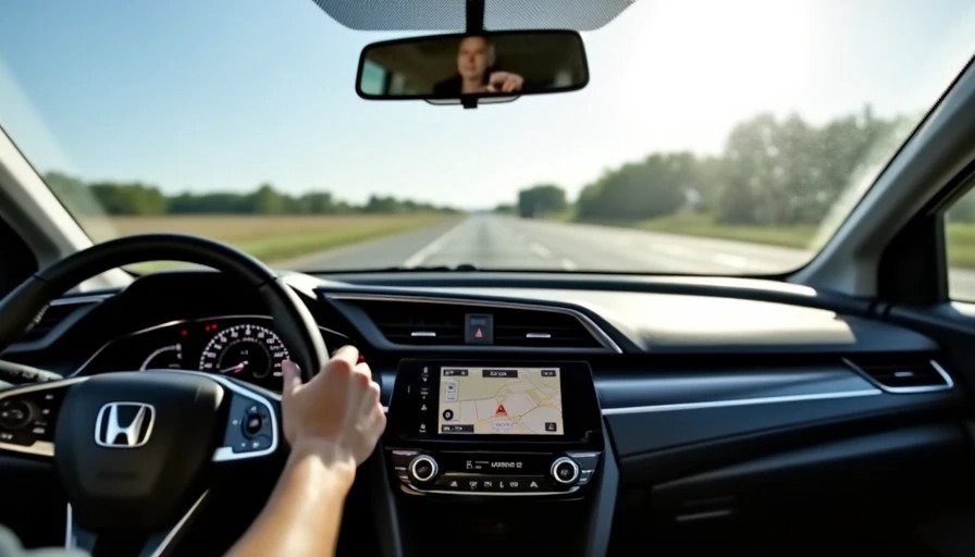 Civic interior on I‑696 at noon, screen washed out by glare, driver cupping hand – 5.5/10