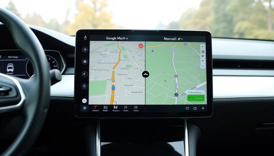 A realistic photo of a car's infotainment screen showing a navigation app (Google Maps) detecting a traffic closure ahead. A red road segment is visible with a detour highlighted. A timer overlay reads “Detected in 10 seconds – detour added 8 minutes – saved 25 minutes.” A label reads “Reroute speed – Google Maps leads – but Apple Maps is close.” Soft dashboard lighting, view of the road ahead through the windshield. Educational – highlights Google Maps' strength in rerouting and traffic detection.