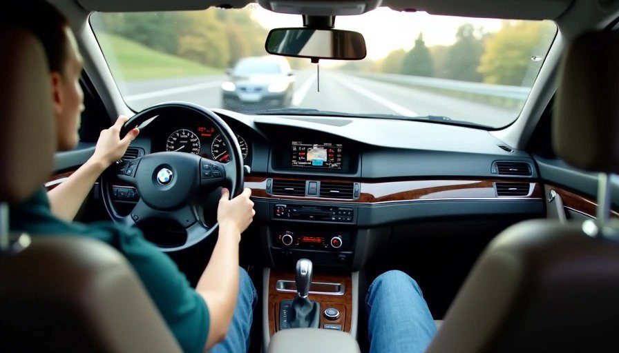 Driver's view of 2002 BMW E65 – screen at eye level, knob at arm's reach – eyes on road, hand on knob Realistic photo from the driver's seat of a 2002 BMW E65. The screen is mounted high on the dashboard, at eye level, inline with the instrument cluster. The rotary controller sits on the center console, exactly where the driver's hand rests naturally on the armrest. The driver's eyes are on the road, hand on the knob.