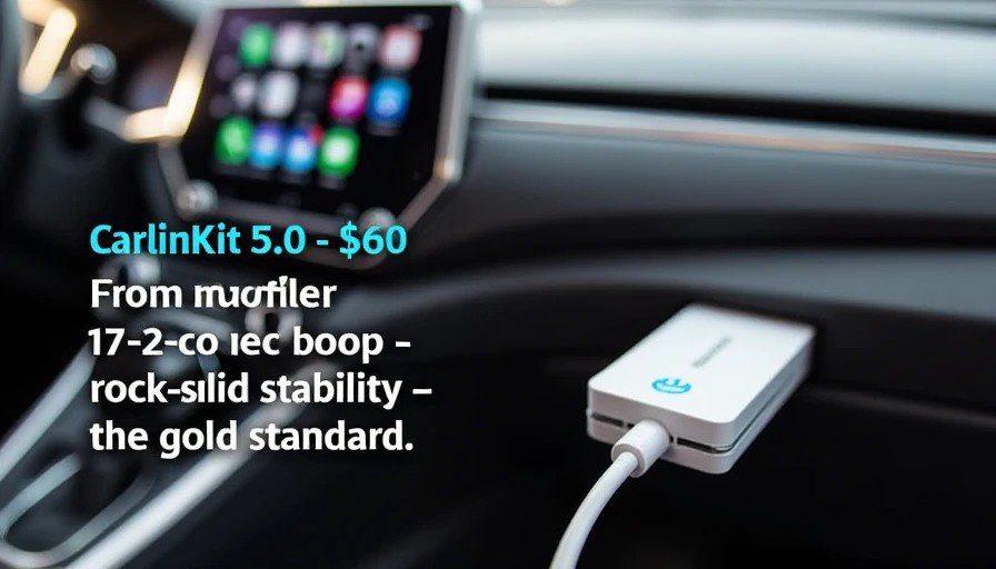 CarlinKit 5.0 plugged into USB‑A port in center console – blue LED – CarPlay homescreen on display – $60, 17‑22 sec boot