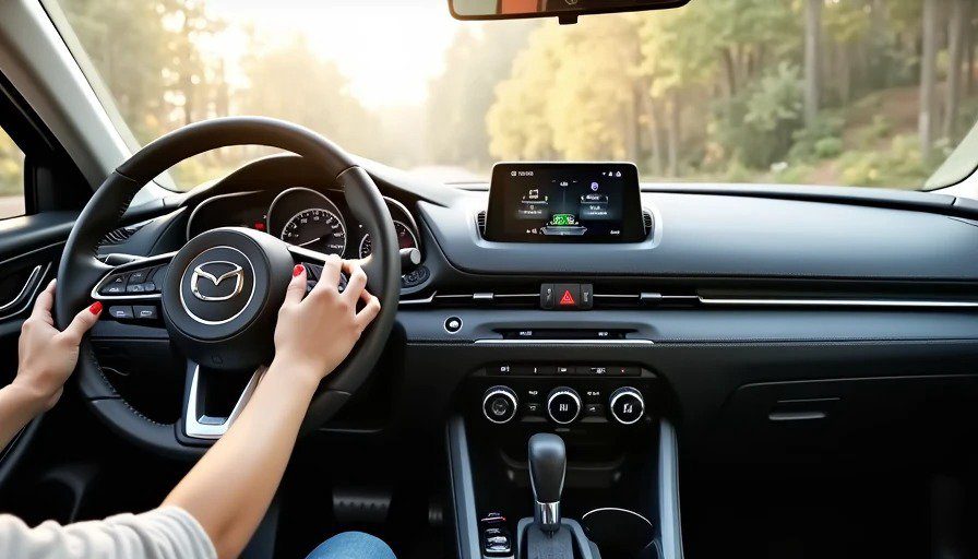 Realistic photo of a Mazda interior with the Commander knob rotary controller on the center console. 