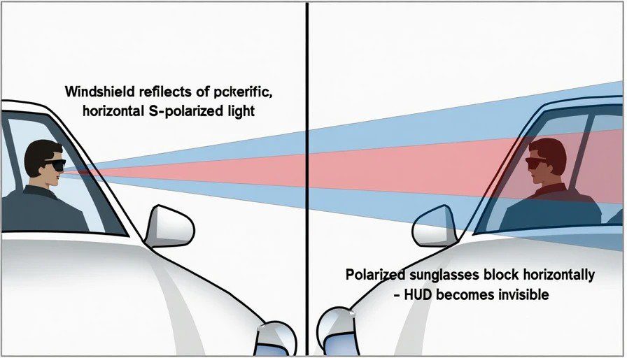 Educational illustration – windshield reflects horizontal S‑polarized light; polarized glasses block horizontal – HUD becomes invisible