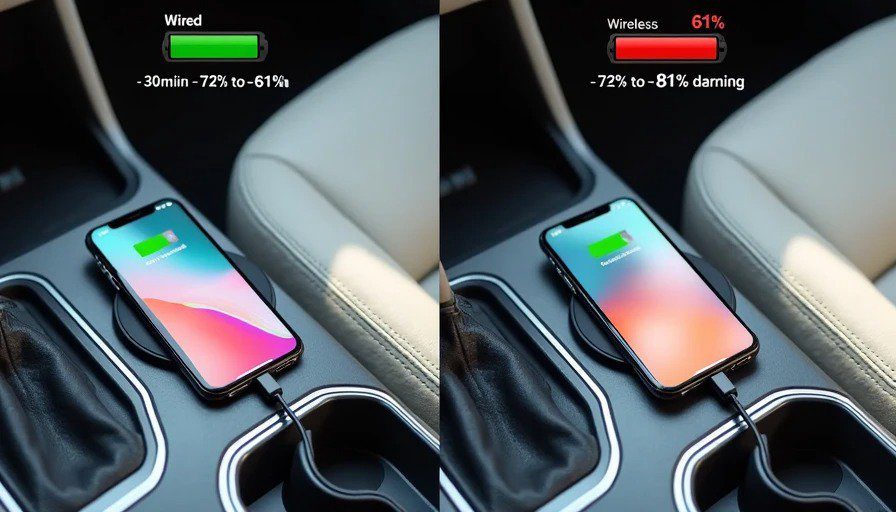 Split comparison – USB‑C wired charging from 72% to 84% vs. wireless draining from 78% to 61% – 30 minutes