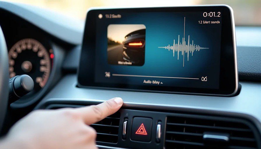 Close‑up of car screen with video playing, timer shows video at 0:00 and audio at 0:01.2 – 1.2 sec audio delay