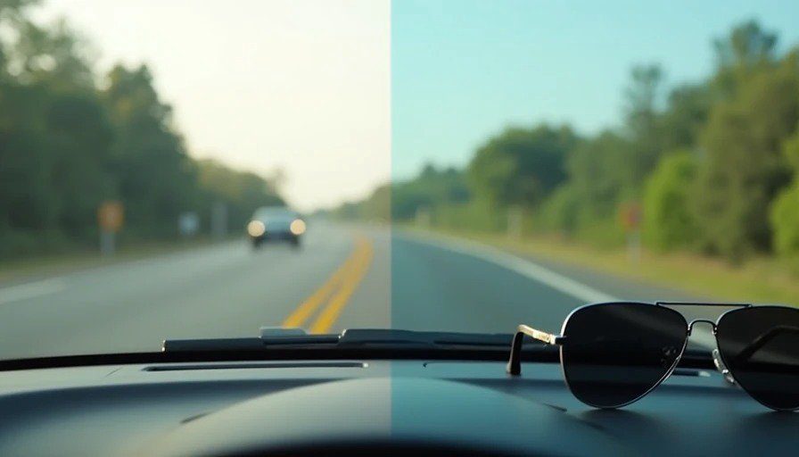 Split comparison – HUD bright and clear without polarized glasses vs. faded ghost image with polarized glasses