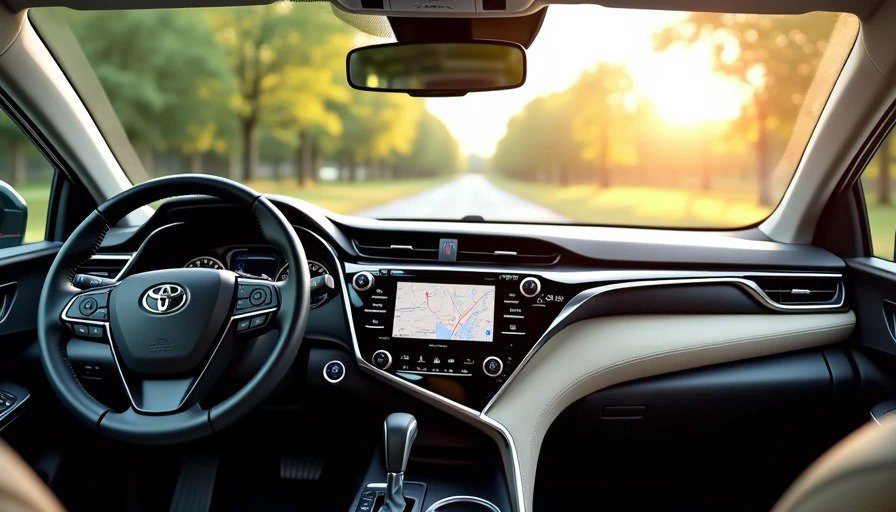 Camry 12.3‑inch screen with severe glare – driver’s face and hands reflected – navigation map washed out – 6.0/10