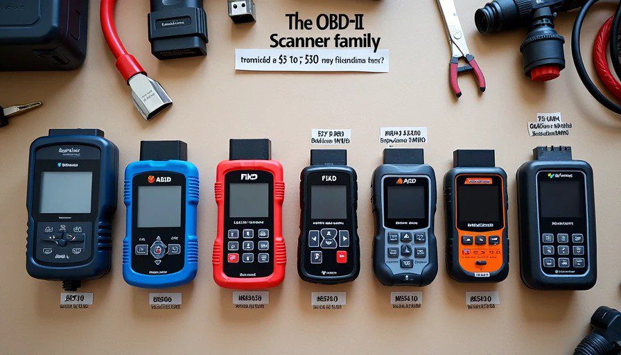 Flat‑lay of seven OBD‑II scanners – BlueDriver, FIXD, Ancel, Autel, OBDLink, Innova, AliExpress – prices from $5 to $500