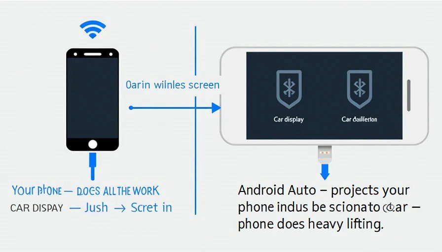 Illustration – smartphone connected to car screen via cable and wireless – phone does the work, car is just a display