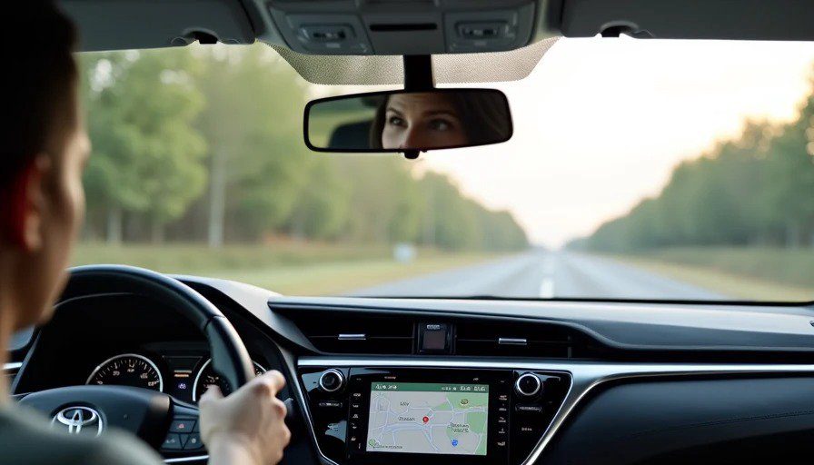 Driver’s view with screen mounted low – eyes looking down away from road – more distraction at speed