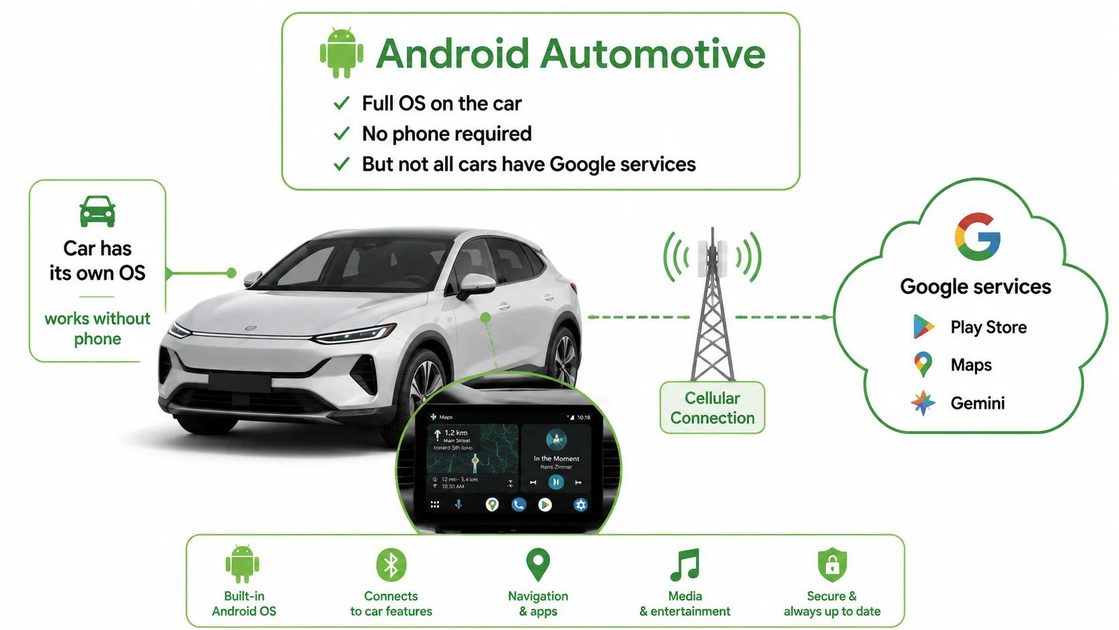 llustration – car with own infotainment, cellular connection, Google services cloud – works without phone